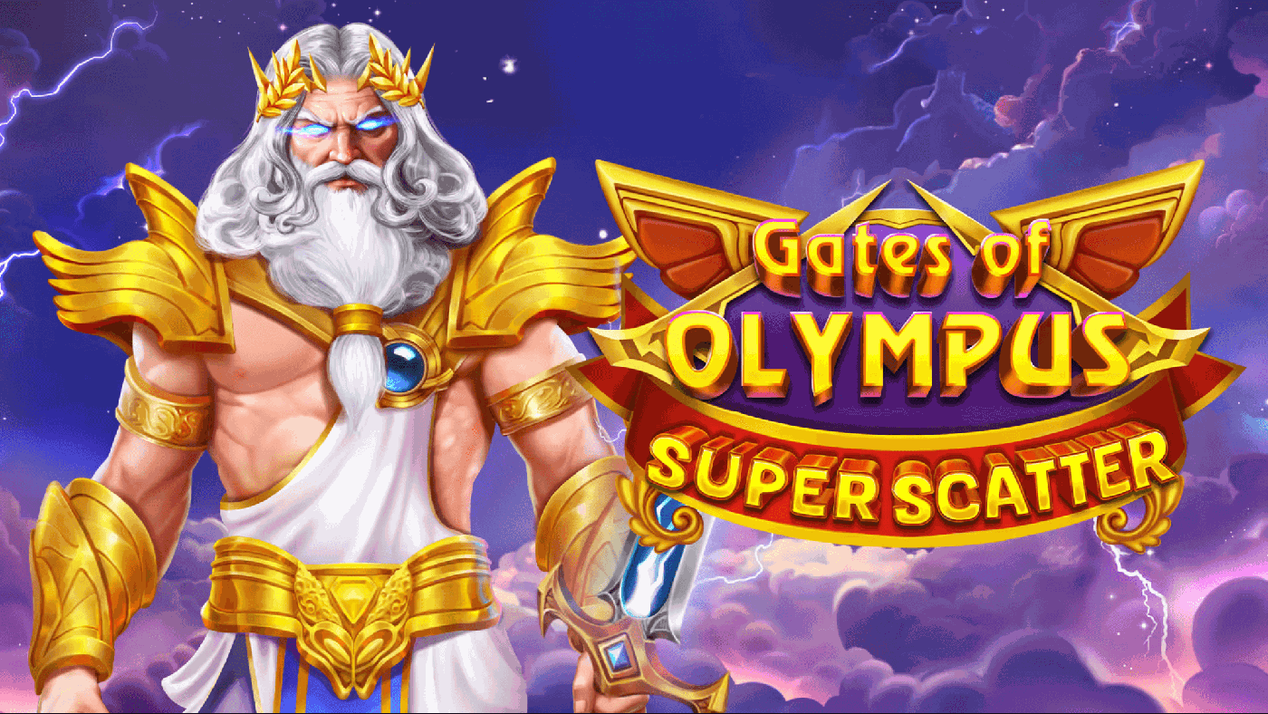 Gates of Olympus Super Scatter: Zeus mit weißem Bart und goldener Krone vor rosa-violetten Olymp-Wolken, rechts das goldene 6x5-Walzenraster mit Multiplikator-Kugeln und Super-Scatter-Symbol